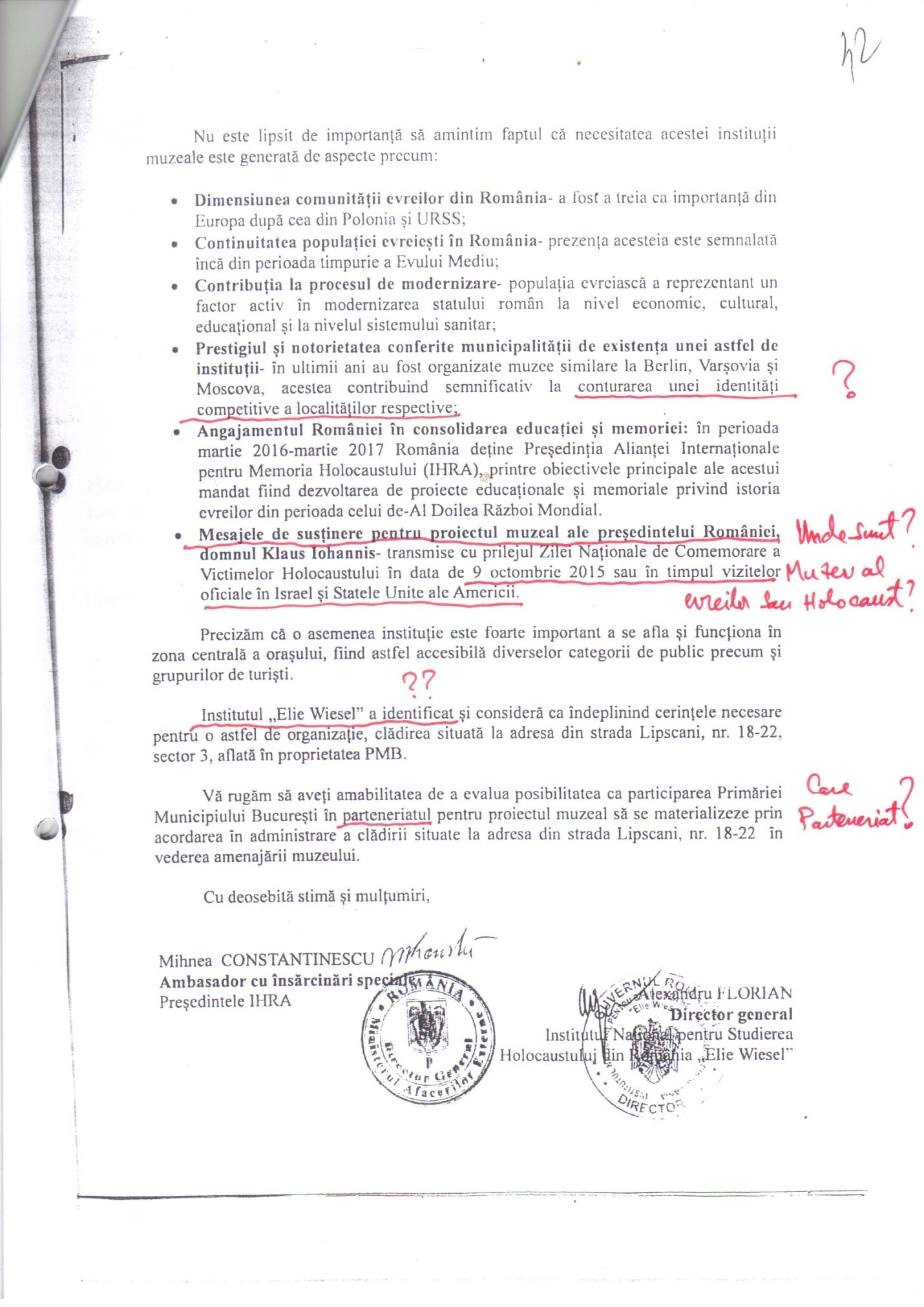 Cererea depusă de Institutul ”Elie Wiesel” pentru obținerea dreptului de administrare pentru Palatul Dacia-România